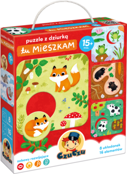 Czerwone Czuczu Puzzle z dziurką Tu Mieszkam, 16 el. z lisem, żabą, kretami. Widok opakowania.