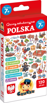 Quizy edukacyjne POLSKA dla dzieci 7+ w czerwonym pudełku, 120 stron. Zawiera quizy, labirynty, kolorowanki.
