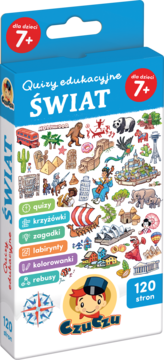 Pudełko Czuczu Quizy edukacyjne ŚWIAT, niebiesko-białe z ilustracjami świata i napisem 'dla dzieci 7+', 120 stron.