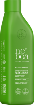 Zielony szampon Neboa Matcha Energy Wzmacniający do włosów słabych i łamliwych, edycja limitowana, widok z przodu.