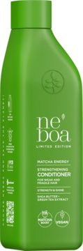 Zielona butelka ne'boa Matcha Energy Wzmacniająca odżywka do włosów osłabionych i łamliwych, widok z przodu.