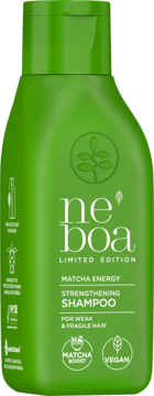 Zielony szampon Neboa Matcha Energy Limited Edition do włosów słabych i łamliwych, widok z przodu.