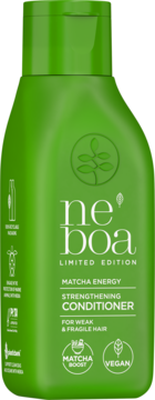 Zielona butelka Neboa Matcha Energy Strengthening Conditioner do włosów osłabionych, widok z przodu.