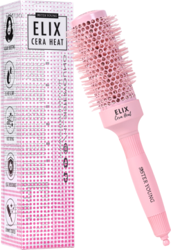 Różowa ceramiczna szczotka ELIX Cera Heat 43 mm, wentylowana, leży obok biało-różowego opakowania.
