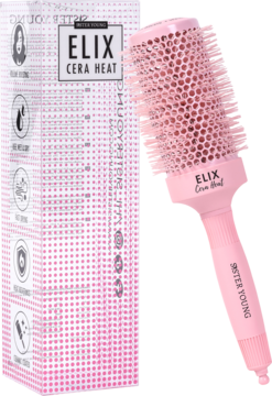 Różowa ceramiczna szczotka ELIX Cera Heat 53 mm do modelowania włosów, widok obok opakowania z logo.