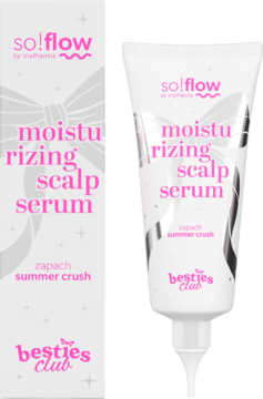 Białe serum nawilżające so!flow Besties Club summer crush, tubka z aplikatorem, obok pionowe pudełko.