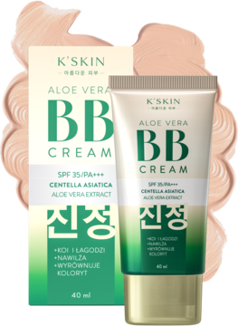 K'SKIN Aloe Vera BB Cream SPF35, tuba i pudełko z Centella Asiatica, na tle smugi kremu, widok z przodu.