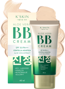 K'SKIN Aloe Vera BB Cream SPF35 w beżowej tubce i pudełku, z zielonym napisem, na tle rozmazanej próbki kremu.