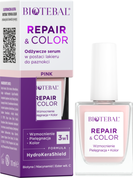 Biotebal Repair & Color Pink, odżywcze serum do paznokci. Butelka i pudełko z różowym lakierem.