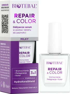 Biotebal Repair & Color Milky, odżywcze serum do paznokci w białej butelce z mlecznym lakierem i pudełku.