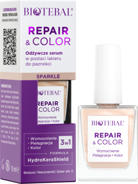 BIOTEBAL REPAIR & COLOR Sparkle serum 3w1 do paznokci, widoczne biało-fioletowe pudełko i butelka.