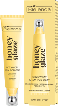 Bielenda Honey Glaze odżywczy krem pod oczy w żółtej tubce z kulką, obok kartonowe opakowanie. Miód manuka.