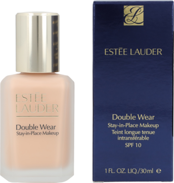 Podkład Estée Lauder Double Wear SPF 10 w matowej butelce z złotą zakrętką obok granatowego pudełka, widok przód.