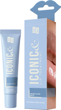 AA Iconic Lip Treatment Natural Glow: regenerujący balsam w jasnoniebieskiej tubce i pudełku, z kolagenem.