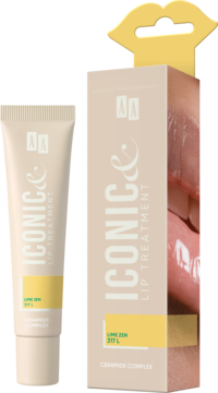 Beżowy balsam do ust AA ICONIC LIP TREATMENT LIME ZEN z ceramidami w tubce i pudełku, żółta zawieszka ust.