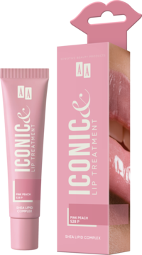 AA Iconic Lip Treatment Pink Peach, tubka i różowe pudełko z błyszczącymi ustami, widok z przodu.
