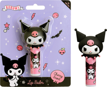 Kuromi balsam do ust Cherry Scent, czarna główka Kuromi jako nakładka, różowy sztyft w fioletowym blistrze, widok z przodu.