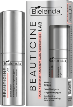 Bielenda Beauticine Lab serum PDRN, srebrna butelka i szare pudełko, widok z przodu. Nawilżająco-regenerujące.