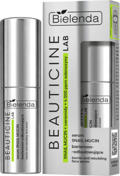 Srebrne serum Bielenda Beauticine Lab Snail Mucin barierowo-odbudowujące, butelka obok białego pudełka, z przodu.