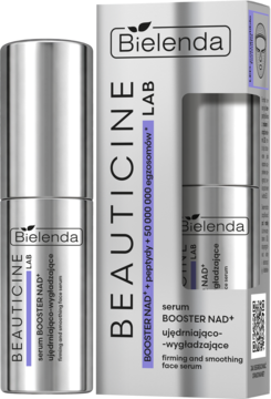 Bielenda BEAUTICINE LAB serum BOOSTER NAD+ z peptydami, ujędrniająco-wygładzające. Srebrna butelka i pudełko.
