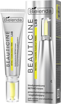 Bielenda Beauticine Lab anti-wrinkle face cream: silver tube and box with yellow accents, showing a pump bottle.
