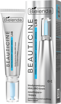 Bielenda BEAUTICINE LAB HIALURO-krem, srebrna tubka z niebieskim aplikatorem i pudełko na białym tle.