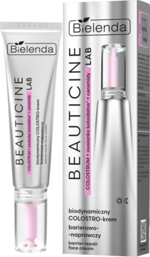 Bielenda Beauticine LAB Colostrum krem barierowy w srebrnej tubce i pudełku, z różowym akcentem, przód.