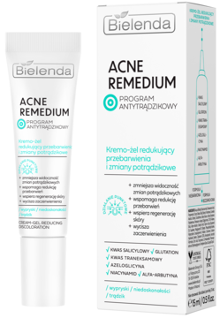 Bielenda ACNE REMEDIUM krem-żel na przebarwienia i zmiany potrądzikowe. Biała tuba i kartonik, widok z przodu.