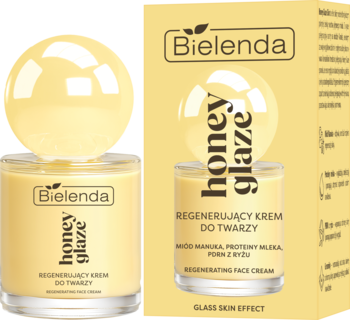 Bielenda Honey Glaze Regenerujący Krem do Twarzy w złotym słoiczku z kulistą zakrętką, obok pasujące pudełko.
