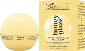Bielenda Honey Glaze Multibalm z miodem manuka, żółty okrągły słoiczek i pudełko na przodzie.