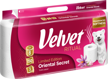 Różowe opakowanie papieru toaletowego Velvet Ritual Oriental Secret, 8 rolek, z białym misiem i kwiatem.
