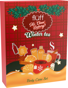 Zestaw Fluff Ms Claus' Bakery Winter Tea Body Care: balsam, żel pod prysznic, krem do rąk w świątecznym pudełku.