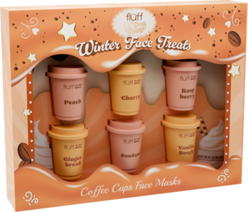 Zestaw prezentowy Fluff Winter Face Treats: 6 maseczek w kubkach kawy (Peach, Cherry, Raspberry, Gingerbread, Fondant, Vanilla).