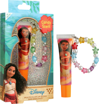 Zestaw Disney Vaiana: pomarańczowy błyszczyk i tęczowa bransoletka "Candy Scent" w pudełku z Moaną.