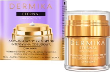 Dermika Eternal Skin Longevity krem na dzień SPF 50, złoty słoiczek z fioletowym pudełkiem, widok z przodu.