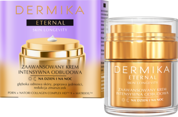 Dermika Eternal Skin Longevity, krem intensywna odbudowa dzień/noc 50ml, złoty słoiczek i fioletowe pudełko.