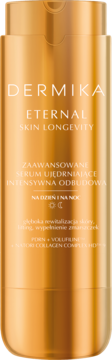 Złote serum Dermika Eternal Skin Longevity, zaawansowane serum ujędrniające w eleganckiej butelce z pompką.