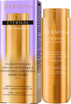 Dermika ETERNAL Advanced Serum Ujędrniające Intensywna Odbudowa na dzień i noc. Złota butelka i fioletowe opakowanie, widok z przodu.