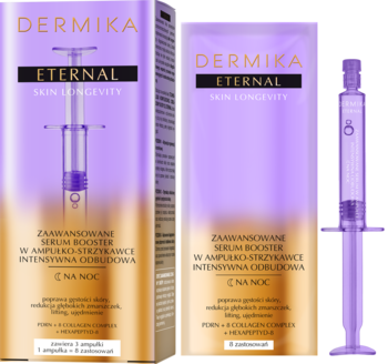 Dermika Eternal Serum Booster: fioletowe pudełko i ampułka-strzykawka do intensywnej odbudowy na noc.