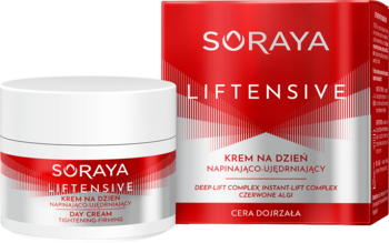 Soraya Liftensive krem na dzień napinająco-ujędrniający, biały słoik z czerwonym wieczkiem i opakowaniem.