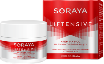 Soraya Liftensive krem na noc w białym słoiczku i czerwonym kartoniku, widok pod kątem, do skóry dojrzałej.