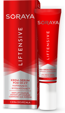 Soraya Liftensive krem-serum pod oczy napinająco-wygładzające, czerwona tuba z pudełkiem, widok z przodu.