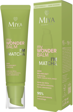 Miya myWONDERBALM I'M MATCHA krem balansujący z matchą, zielona tubka z pompką i pudełko.