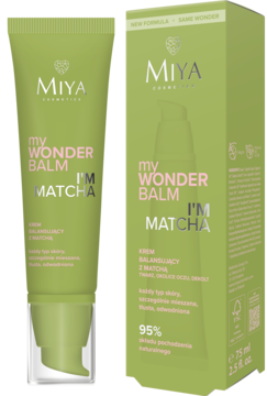Krem Miya myWONDERBALM I'm Matcha, zielona tubka z pompką i pasujące pudełko, widok przód.