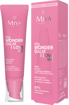 Krem kojący Miya myWONDERBALM I love me z Centella Asiatica 75ml w różowej tubce i pudełku, widok z przodu.