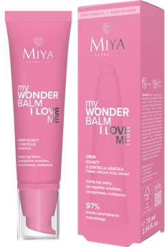 Krem kojący Miya myWONDERBALM I Love Me z Centella Asiatica, różowa tubka i pudełko obok siebie.