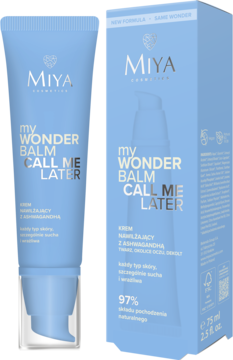 Miya myWONDERBALM Call me later: krem nawilżający 75ml w jasnoniebieskiej tubce i pudełku, widok z przodu.