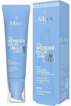Miya myWONDERBALM Call Me Later krem nawilżający z ashwagandhą w niebieskiej tubce z pompką i pudełku.