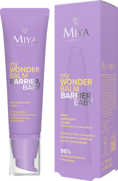 Fioletowy krem Miya myWONDERBALM Barrier Baby z PDRN 75ml, tubka z pompką i pudełko na białym tle.
