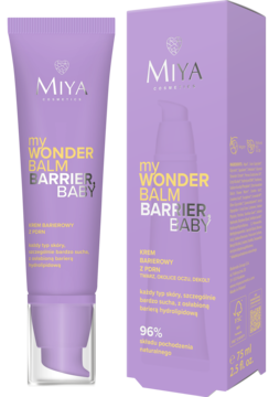 Fioletowy krem barierowy Miya myWONDERBALM Barrier, Baby w tubce z pompką i jego kartonowe opakowanie, widok z przodu.